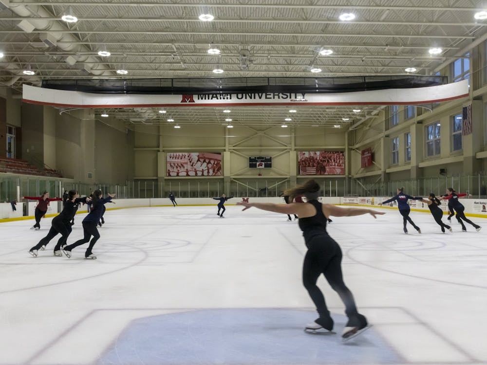 Miami&#x27;s synchronized skating team practices a set at Goggin at an early morning practice a few weeks before the World Championship