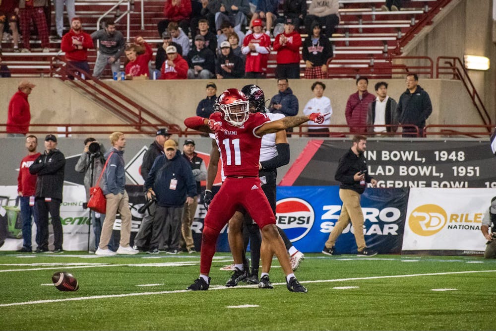 Receiver Javon Tracy celebrating a deep catch from quarterback Brett Gabbert in the second quarter