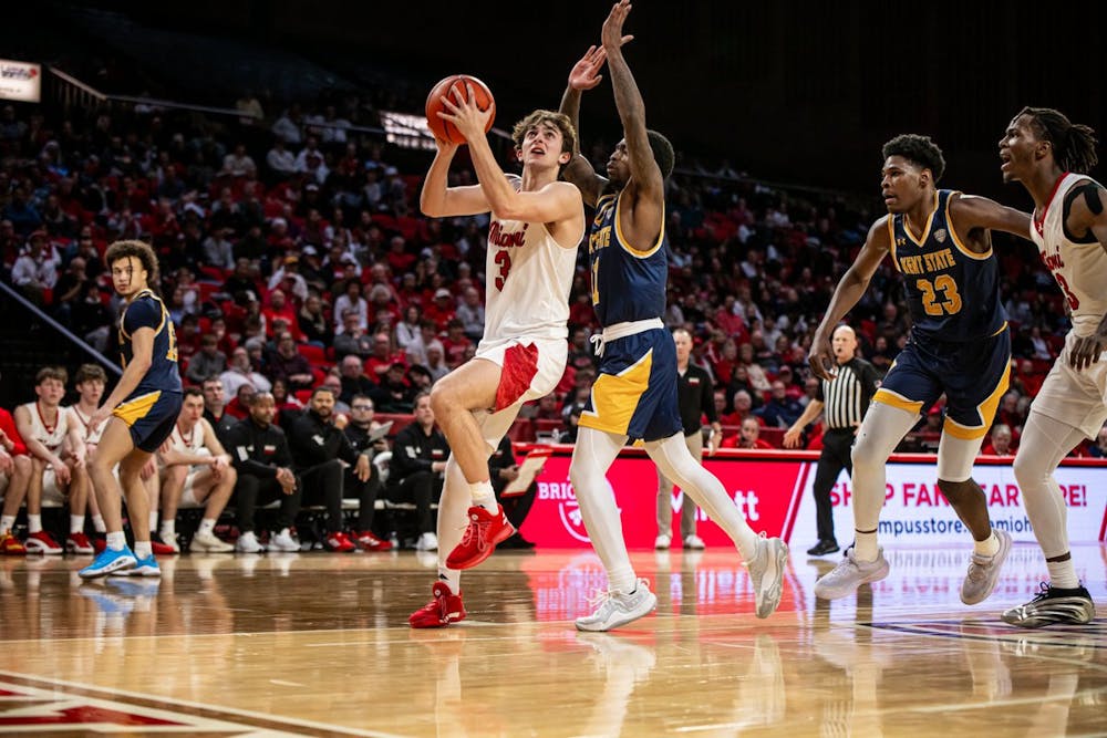 First-year guard Luke Skaljac going for a layup against Kent State at Millett Hall on Feb. 21