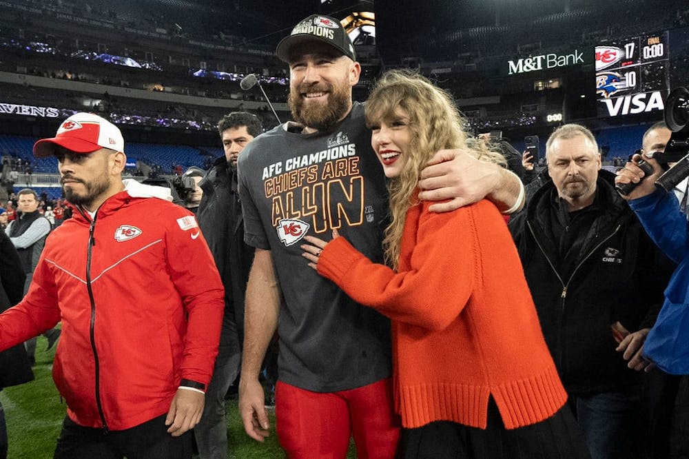 <p>Kelce and Swift celebrated the Chiefs&#x27; victory in last year&#x27;s AFC Championship. Photo provided by Julio Cortez (AP).</p>