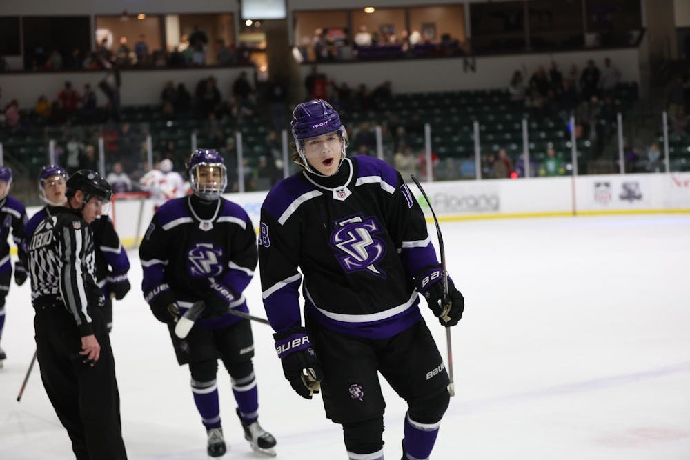 <p>Ilia Morozov celebrates a goal in 2024-25 with the USHL's Tri-City Storm</p>