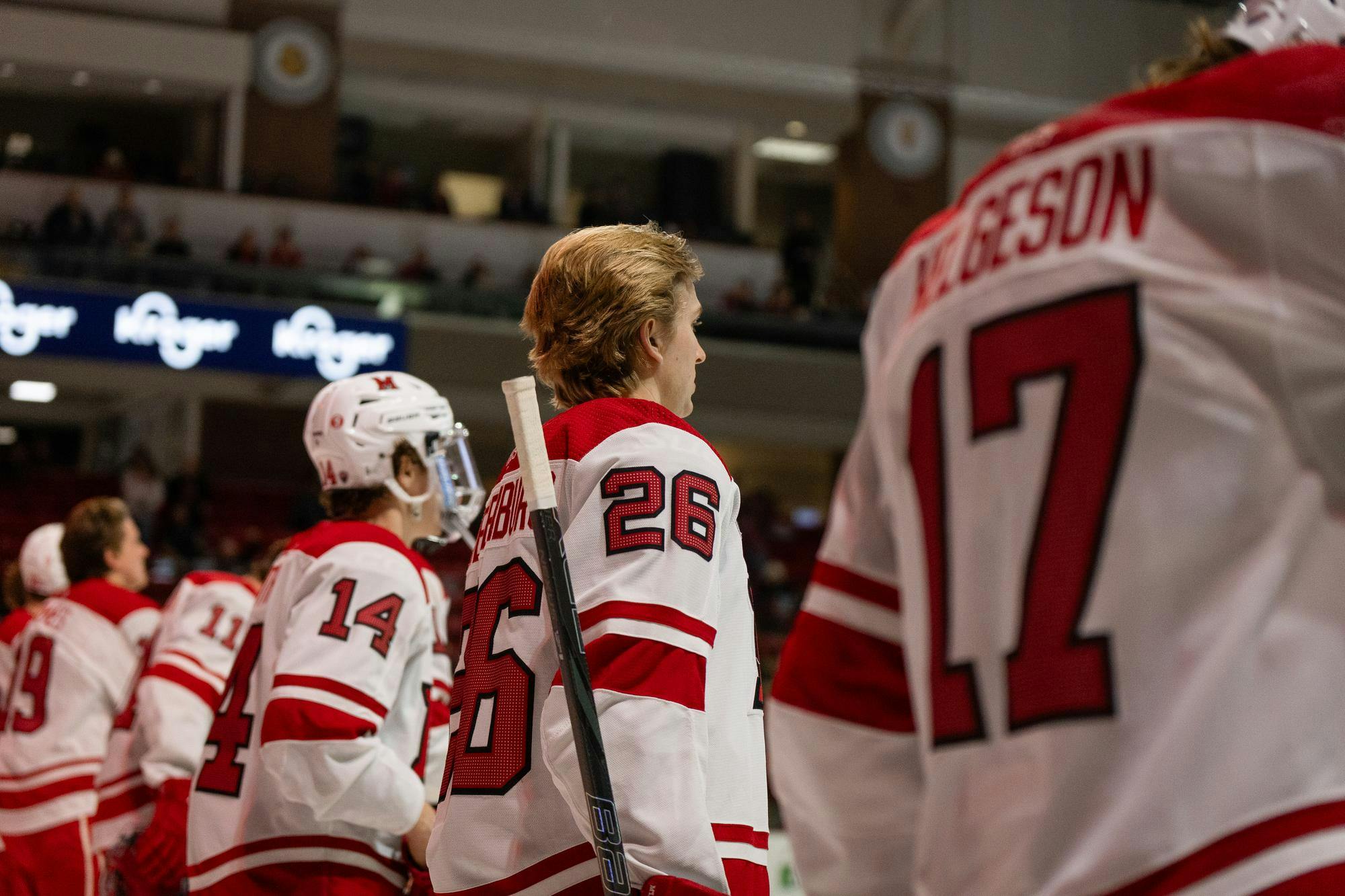 Miami hockey team stands for the national anthem at beginning of game against Arizona State University. 