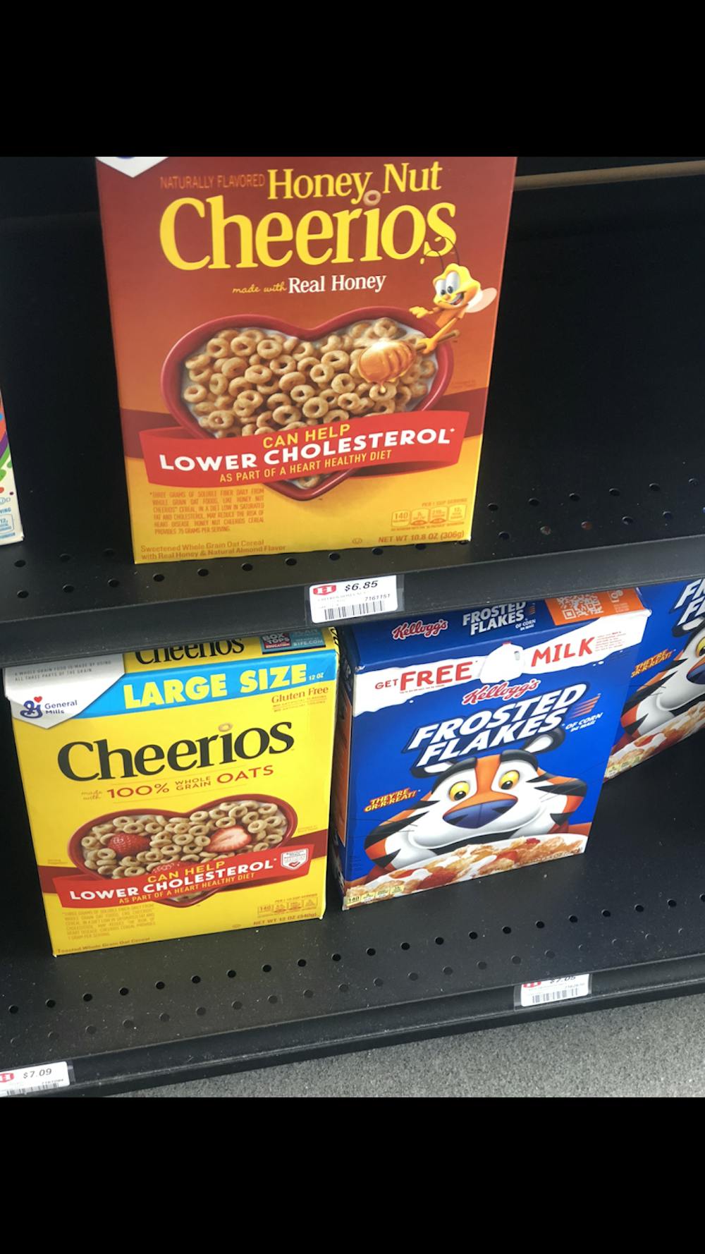 <p>A box of cereal costs about 7 dollars in the markets on campus while at Kroger, a box of cereal costs half that.</p>