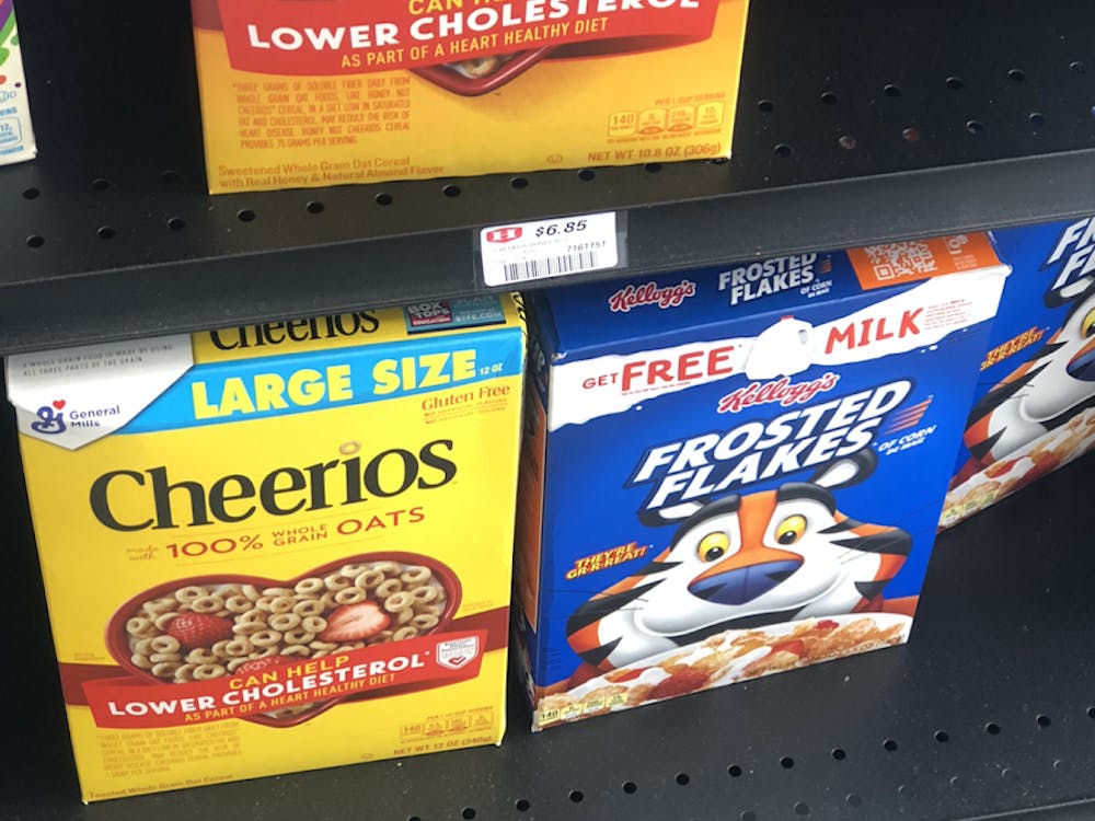 A box of cereal costs about 7 dollars in the markets on campus while at Kroger, a box of cereal costs half that.