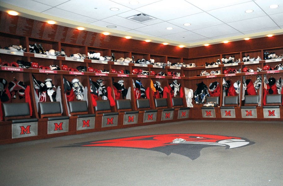 The locker room of the Miami University hockey team in Goggin Ice Center.