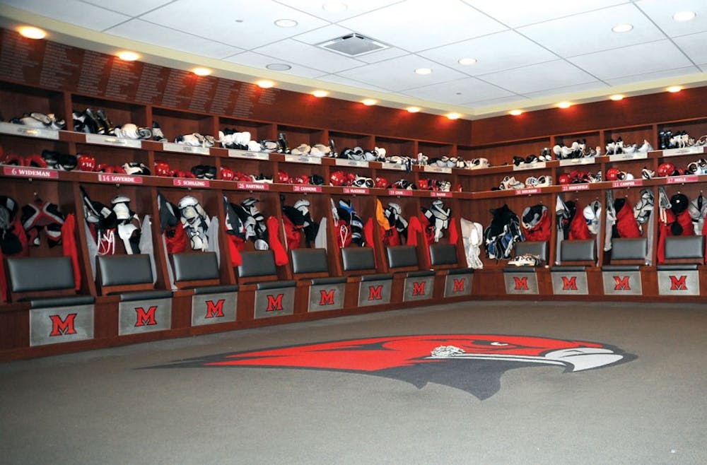 <p>The locker room of the Miami University hockey team in Goggin Ice Center.</p>
