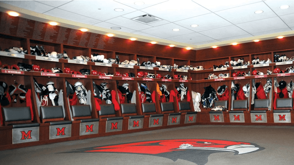 The locker room of the Miami University hockey team in Goggin Ice Center.
