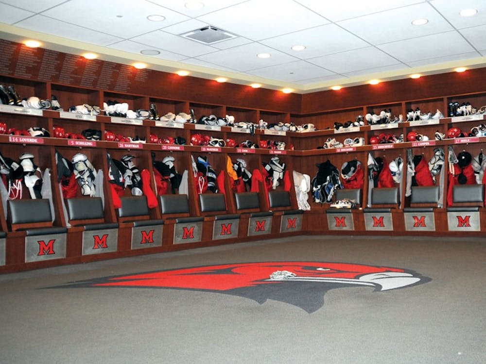 The locker room of the Miami University hockey team in Goggin Ice Center.