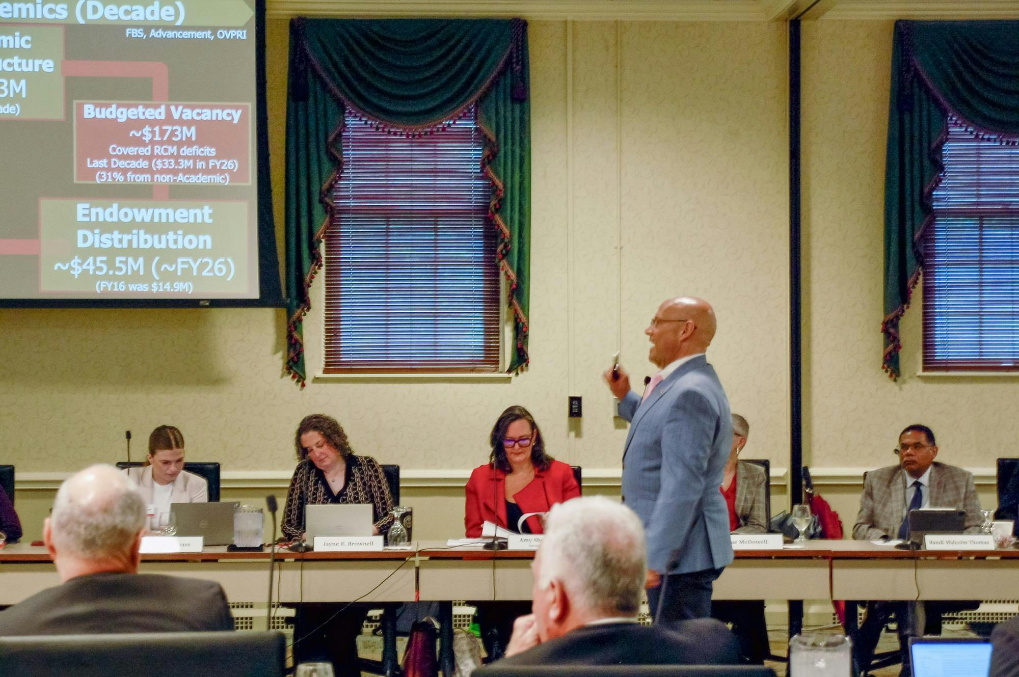 Miami University President Gregory Crawford addresses the Board of Trustees