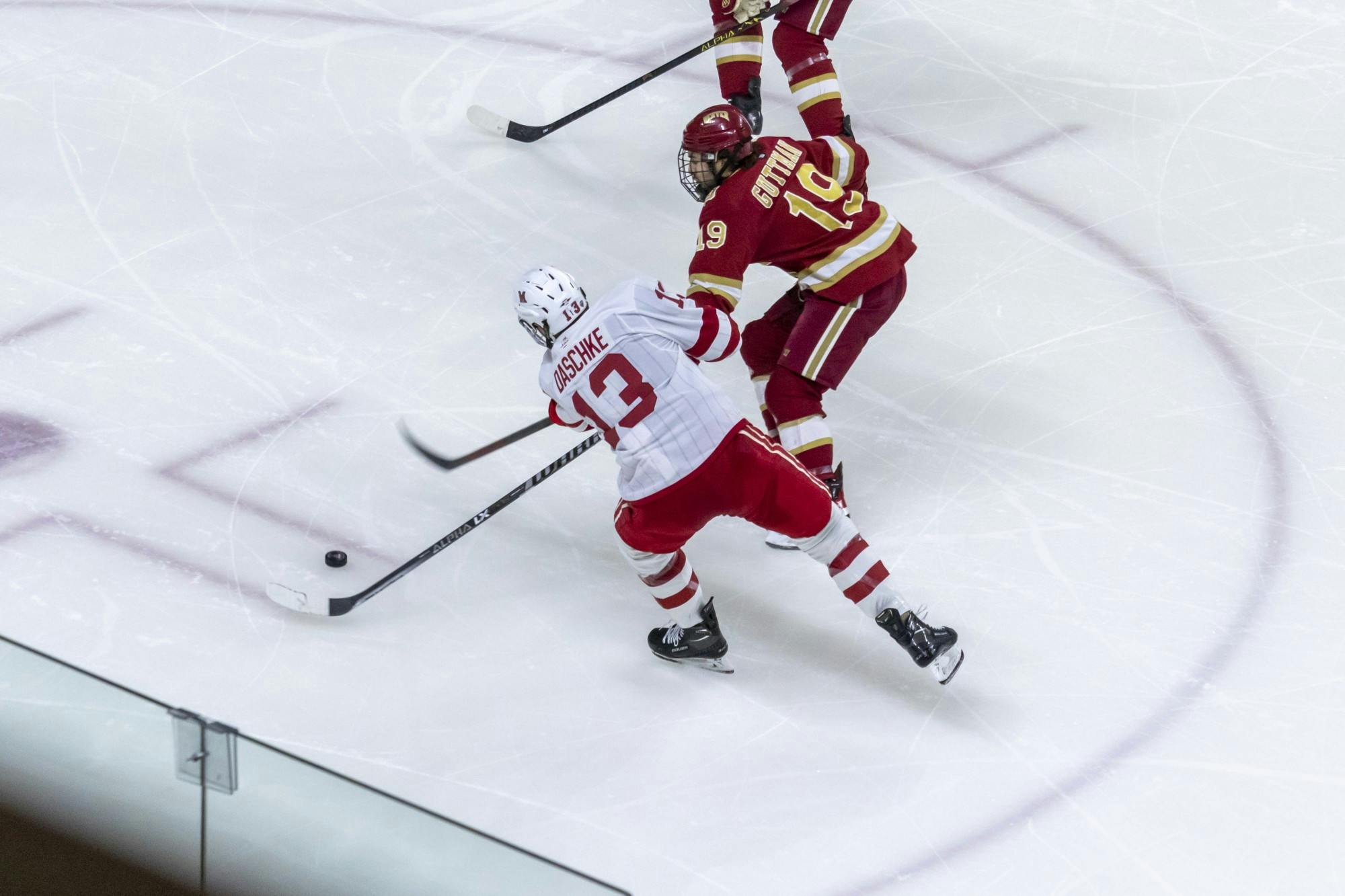 Senior captain Derek Daschke takes a shot against Denver earlier in the season