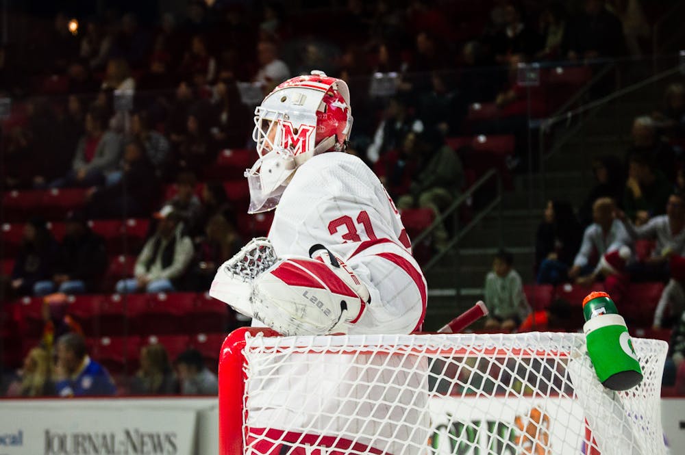 Former RedHawks goaltender Logan Neaton tends the Goggin goal in an October 2023 game against the Sun Devils.