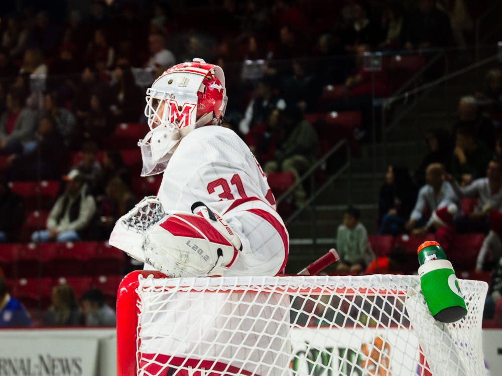 Former RedHawks goaltender Logan Neaton tends the Goggin goal in an October 2023 game against the Sun Devils.