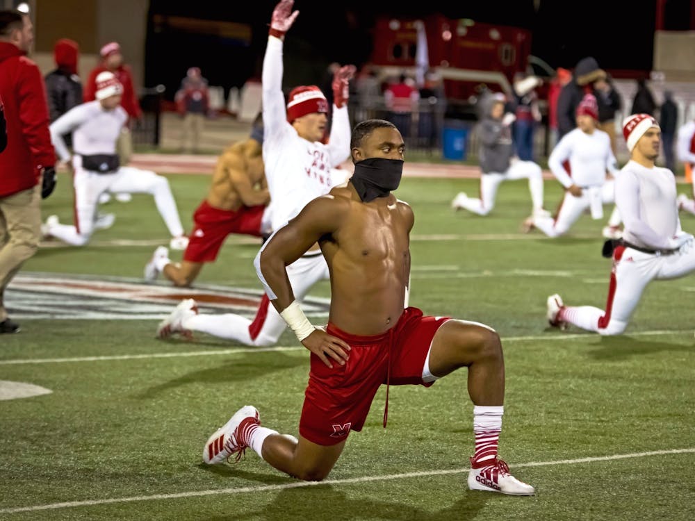 Despite temperatures hovering around 25 degrees at Yager Stadium, several RedHawks stretched shirtless before a 44-3 victory over Bowling Green on Nov. 13, 2019.