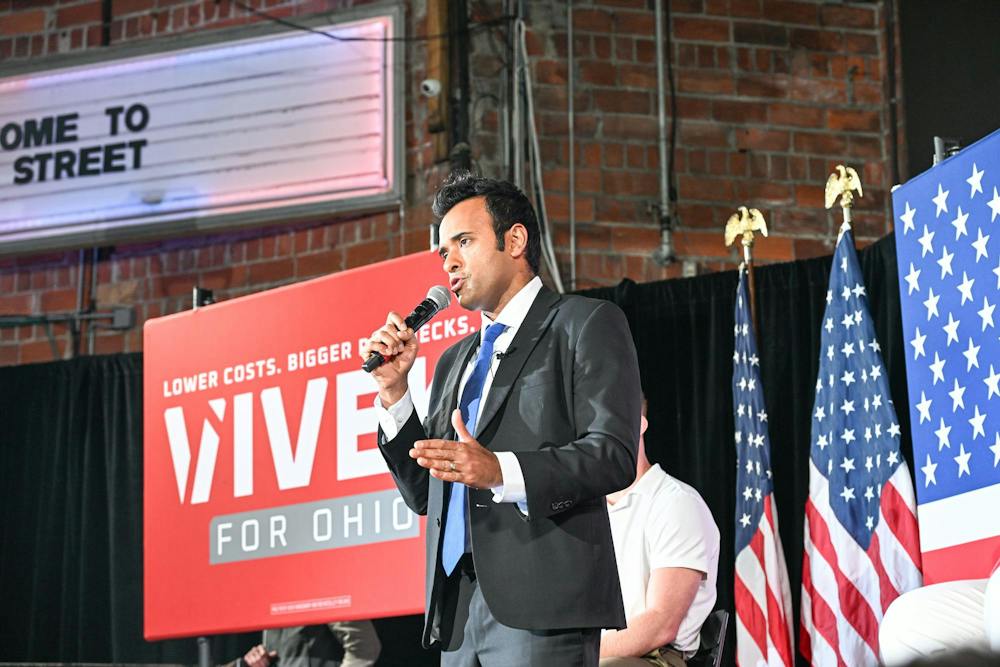 Vivek Ramaswamy speaks at Brick Street ahead of election.