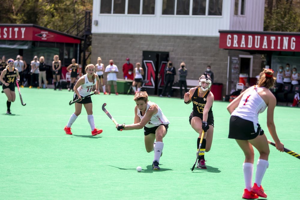 Senior midfielder Leonor Berlie shoots and scores a goal during an April 16 game vs Appalachian State.