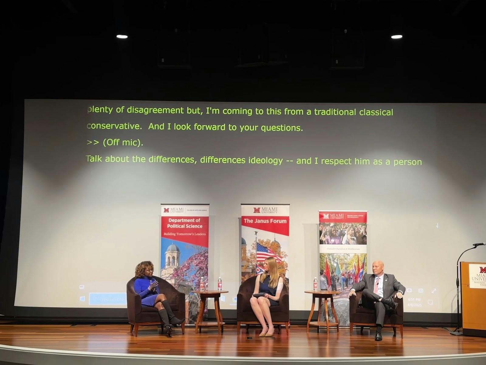 Former press secretary Karine Jean-Pierre (right), Grace Gaston (center) and former chief of staff to Mike Pence Marc Short (left) discuss hot button issues from President Donald Trump's second 100 days.