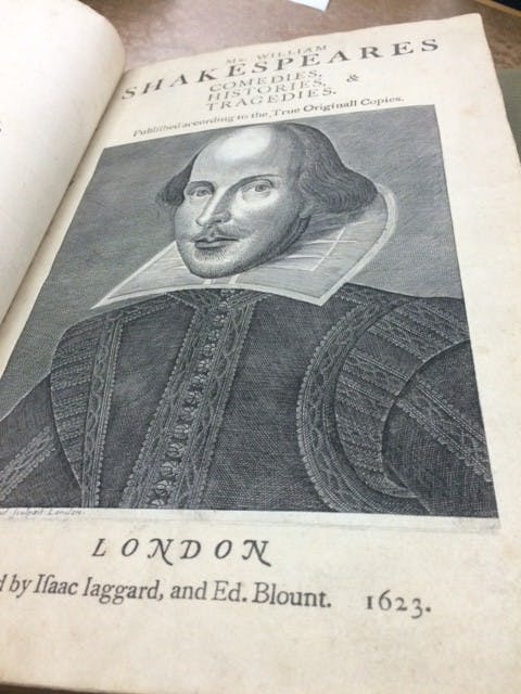 The first Shakespeare folio, printed in 1623 by Shakespeare's friends, contains almost all of his plays. Special Collections owns four of his folios, an incredibly rare collection.
