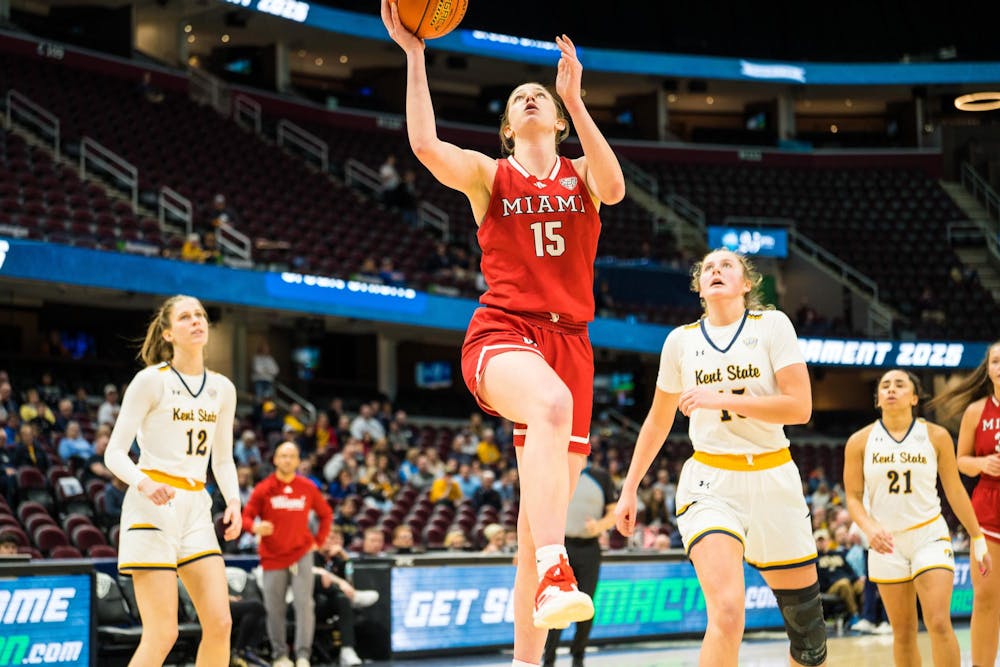 Junior forward Amber Tretter goes for a layup against Kent State at last year's MAC quarterfinals at Rocket Mortgage Arena