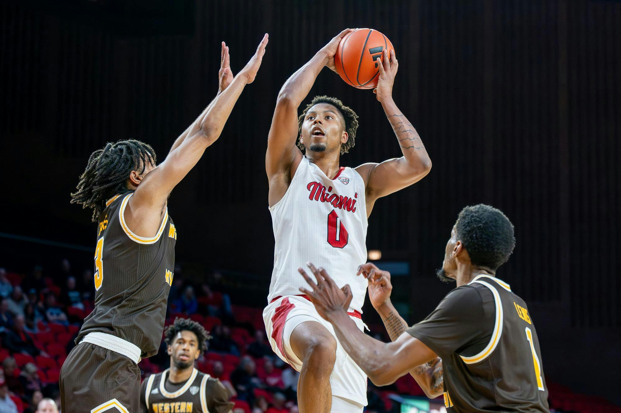 Junior wing Eian Elmer goes for a layup against Western Michigan at Millett Hall on Jan. 6