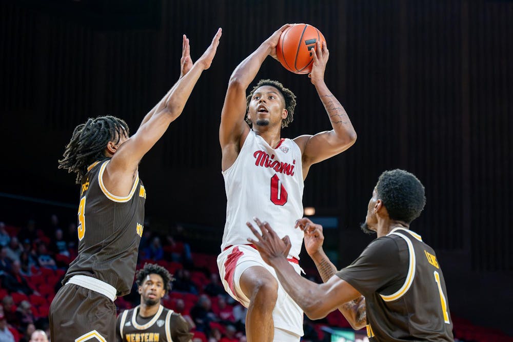 Junior wing Eian Elmer goes for a layup against Western Michigan at Millett Hall on Jan. 6