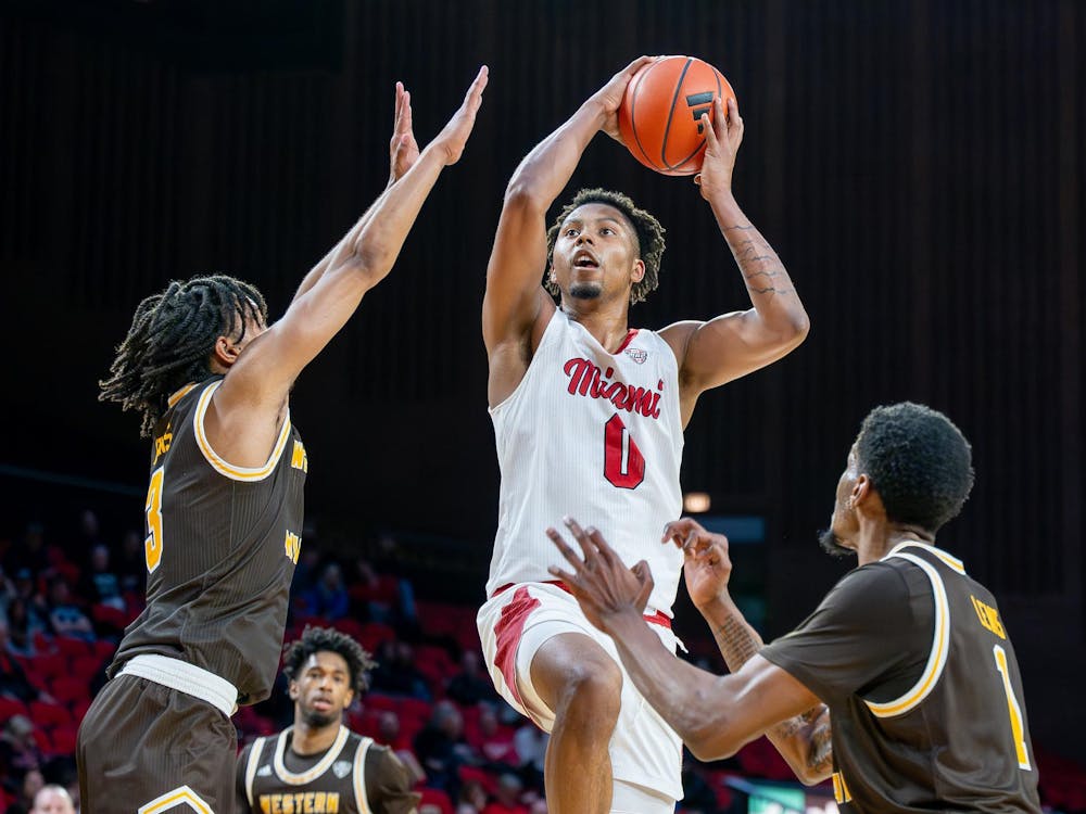 Junior wing Eian Elmer goes for a layup against Western Michigan at Millett Hall on Jan. 6