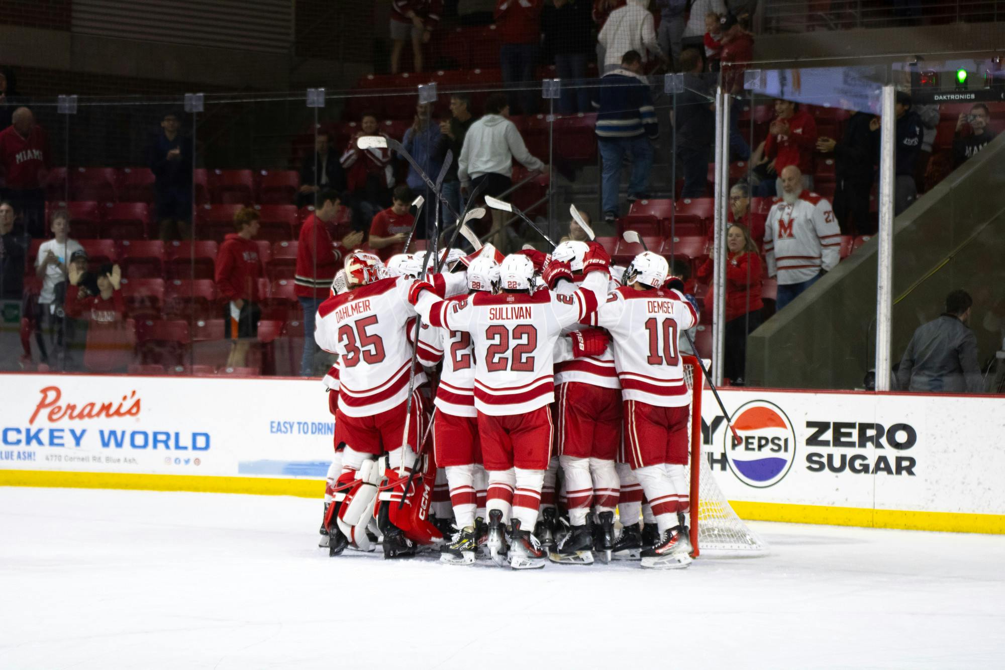The RedHawks celebrate their win over Alaska Anchorage on Oct. 11