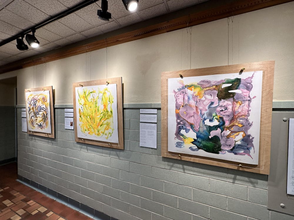 Kruticks three paintings on display along the hallway leading to the Hefner Museum. From left to right: animal, vegetable, mineral. 