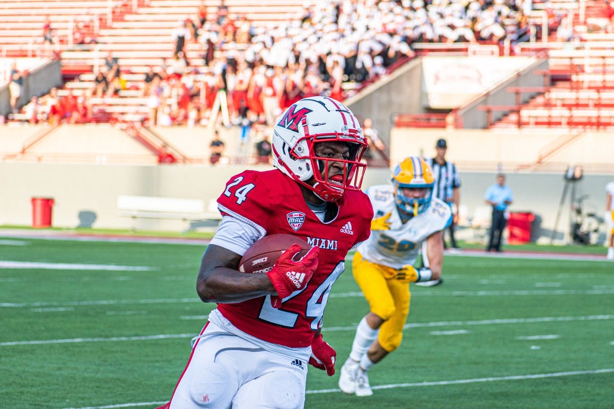 Freshman running back Darez Snider takes a carry during Miami&#x27;s Sept. 18 win vs. Long Island.