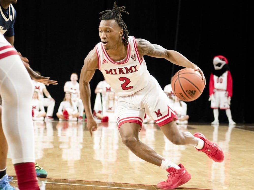 Senior guard Mekhi Lairy drives to the hoop in Miami&#x27;s Feb. 6 loss to Akron