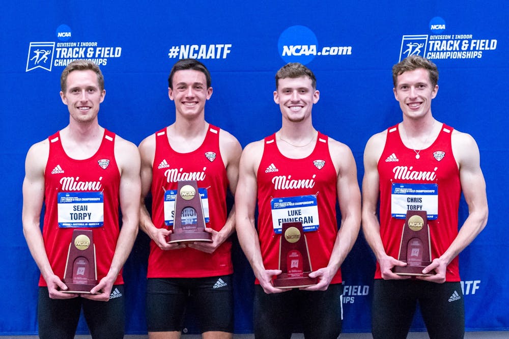 <p>The men&#x27;s distance medley relay team (from left to right): senior Sean Torpy, sophomore Andrew Schroff, junior Luke Finnegan, senior Christopher Torpy</p><p><strong>Photo by Angela Fieno</strong></p>
