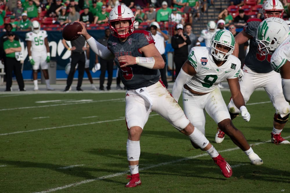 Sophomore quarterback Brett Gabbert winds up to throw a pass in Miami's 27-14 win over North Texas in the Frisco Football Classic. Gabbert earned Offensive MVP in the game after throwing for 228 yards and two touchdowns.