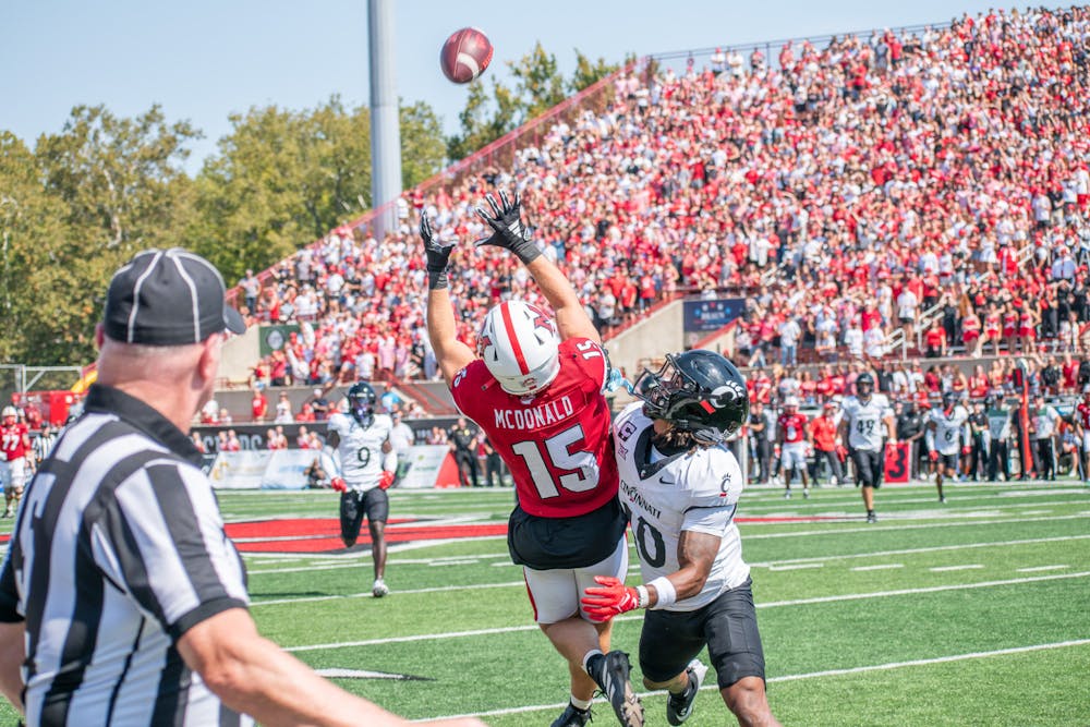 Cade McDonald reaching for a deep pass earlier this season against the Cincinnati Bearcats