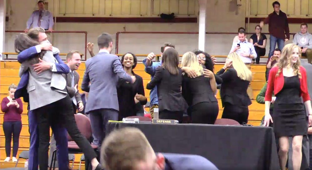 Miami's Mock Trial celebrates their first place win.