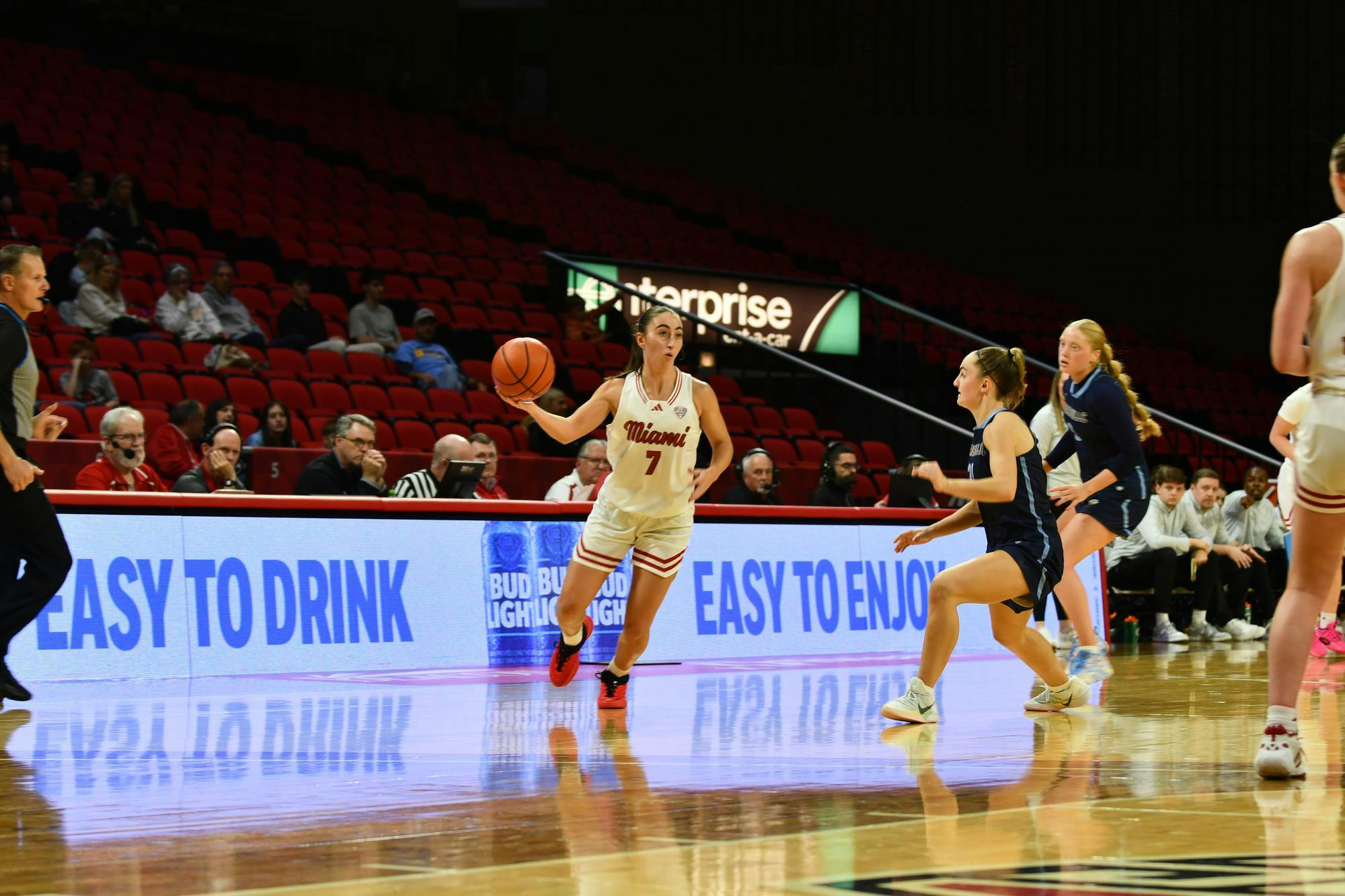 Senior guard Clara Gonzalez Planella dribbles to the rim against Cedarville at Millett Hall on Nov. 7