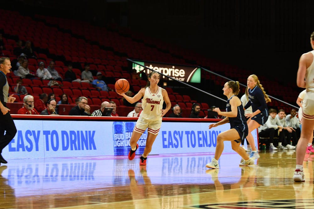 Senior guard Clara Gonzalez Planella dribbles to the rim against Cedarville at Millett Hall on Nov. 7