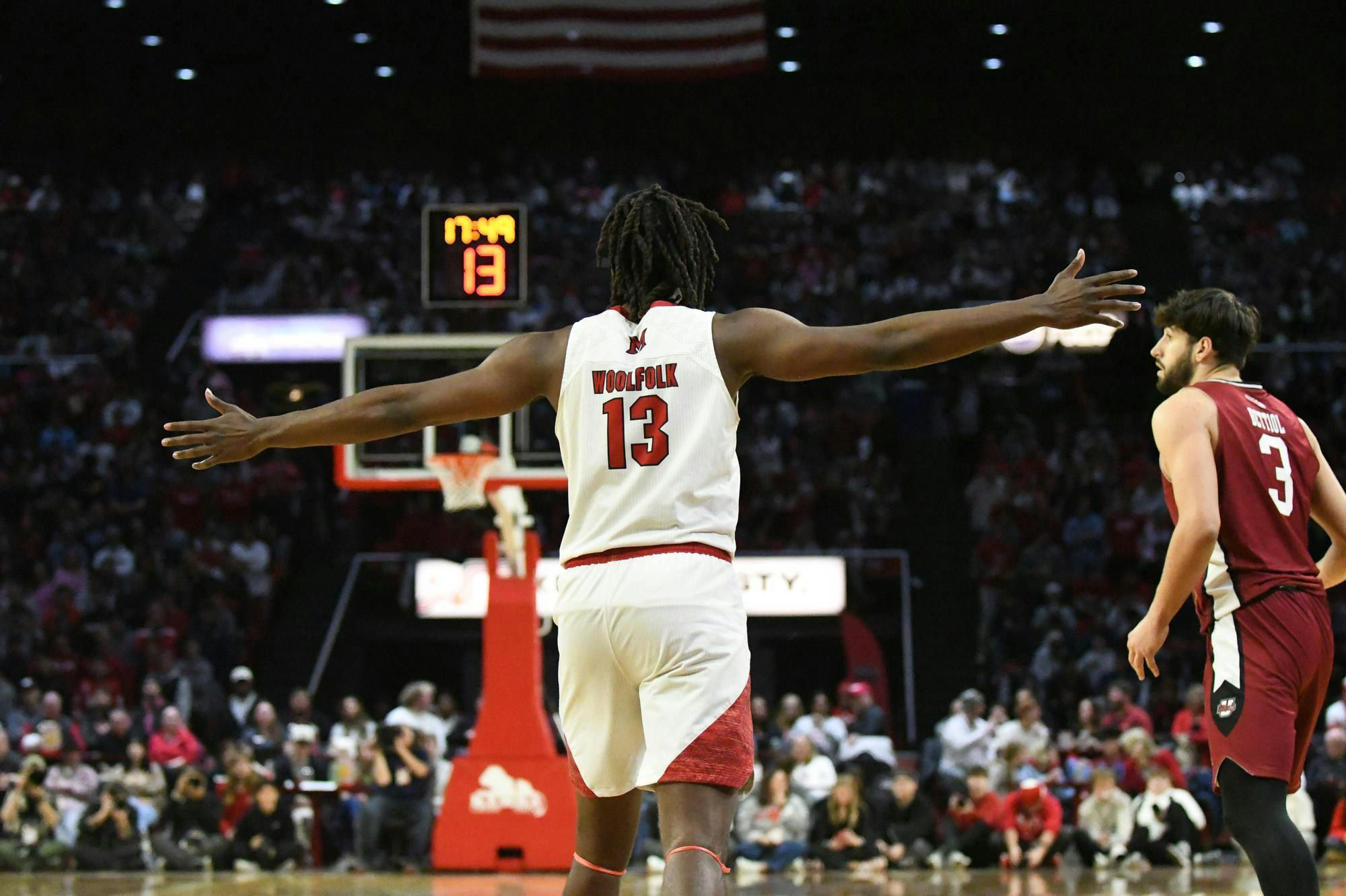 Senior forward Antwone Woolfolk prepares for the UMass defense at Millett Hall on Jan. 27