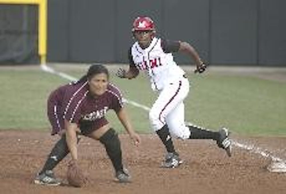 Miami's Breanna Robinson heads to second during Tuesday's game against EKU which the 'Hawks won 2-1.
