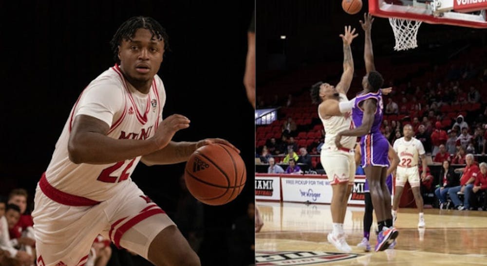 <p>Morgan Safford (left) no longer attends Miami University. It’s not confirmed when Miami basketball expects Anderson Mirambeaux (right) to return.</p>