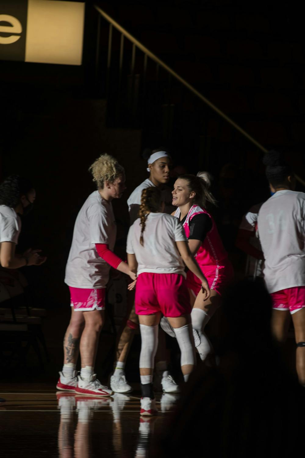<p>Redshirt senior forward Abbey Hoff (pictured, in pink jersey) was one of three seniors honored before Saturday&#x27;s 61-58 win over Kent State</p>