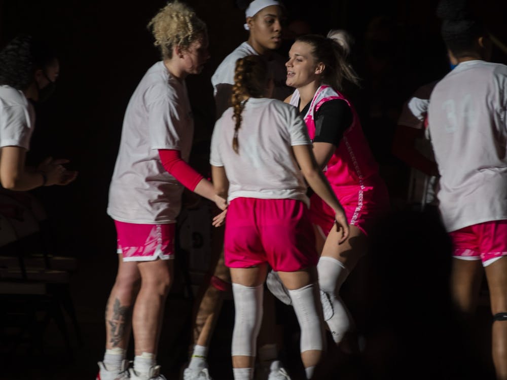 Redshirt senior forward Abbey Hoff (pictured, in pink jersey) was one of three seniors honored before Saturday's 61-58 win over Kent State