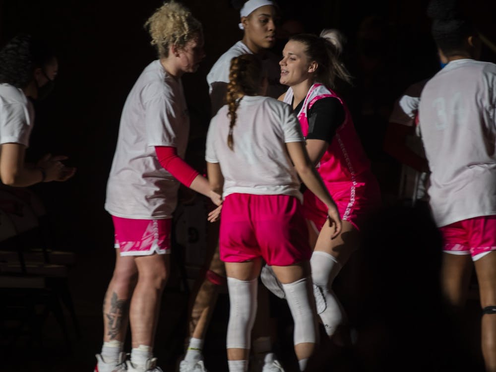 Redshirt senior forward Abbey Hoff (pictured, in pink jersey) was one of three seniors honored before Saturday&#x27;s 61-58 win over Kent State