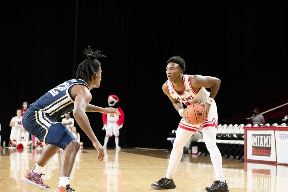 <p>Senior guard Mekhi Lairy sizes up a defender during Miami&#x27;s Feb. 6 loss to Akron.</p>