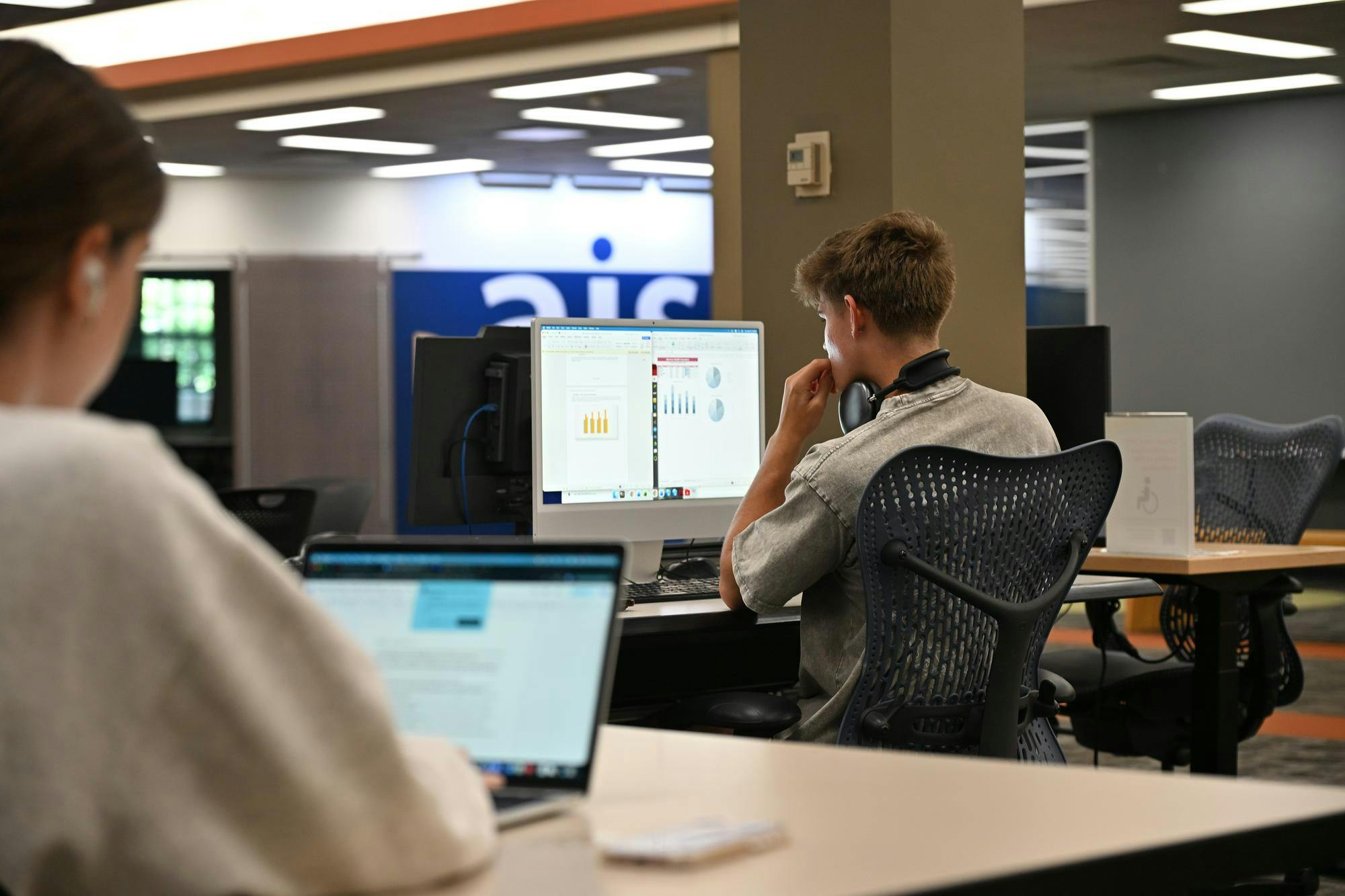 Student works on computer at King Library.