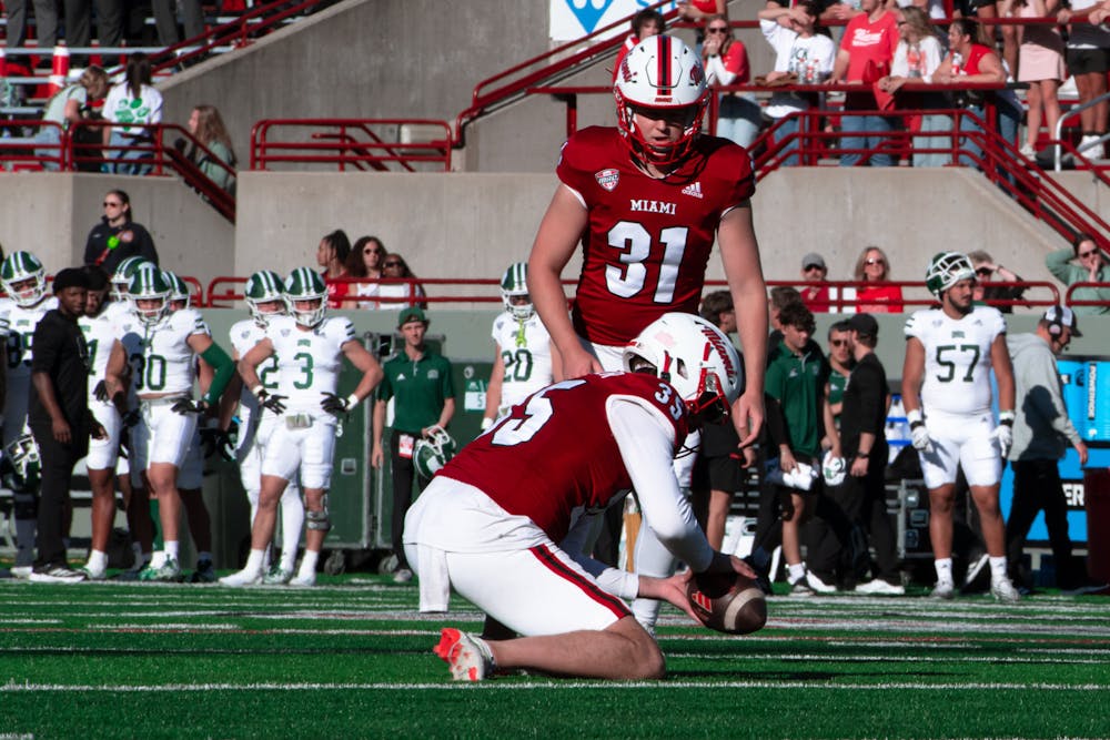 Placekicker Dom Dzioban lined up for an extra point last week against the Bobcats