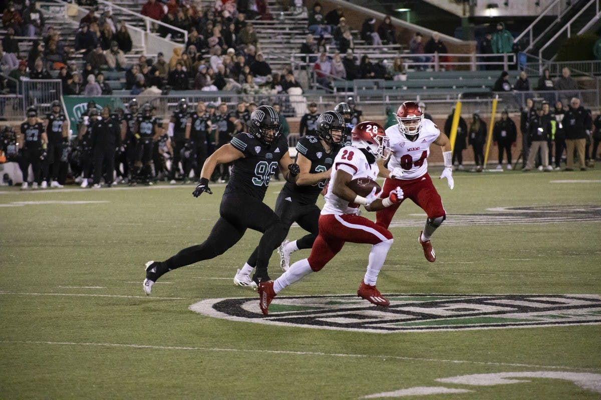 Second-year running back Keyon Mozee carries the ball during Miami&#x27;s Nov. 2 35-33 loss to Ohio University.
