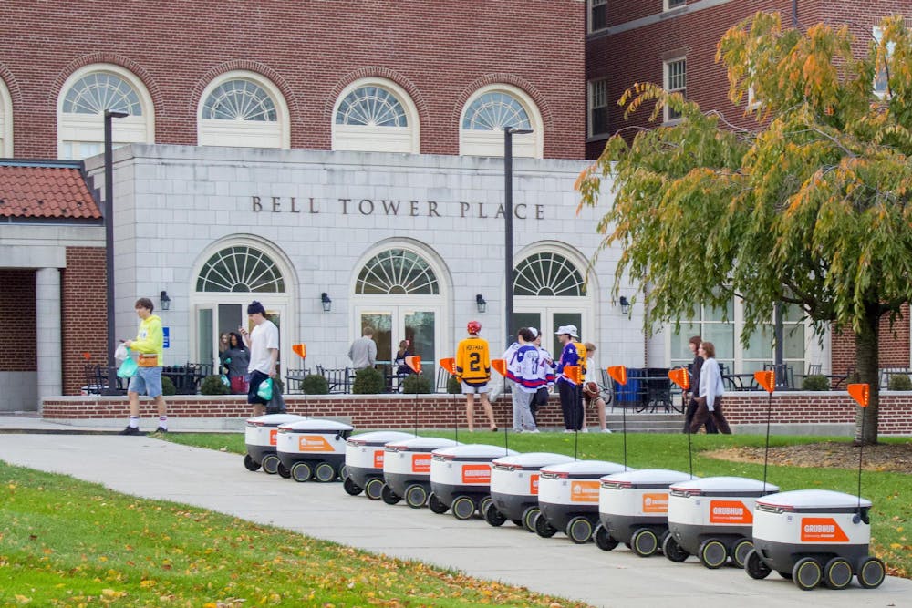 The now-pulled Grubhub robots charged in front of Bell Tower.