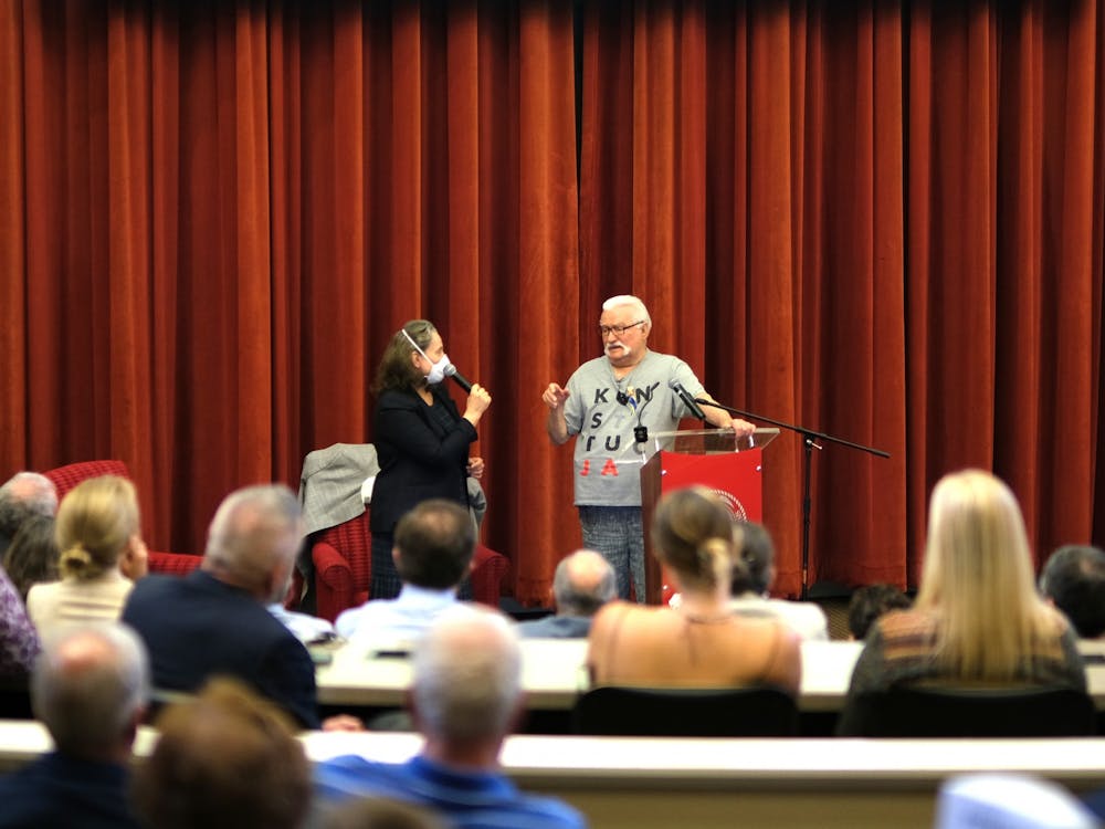Former president of Poland Lech Walesa talked about the future of democracy in a lecture given to Miami University students.