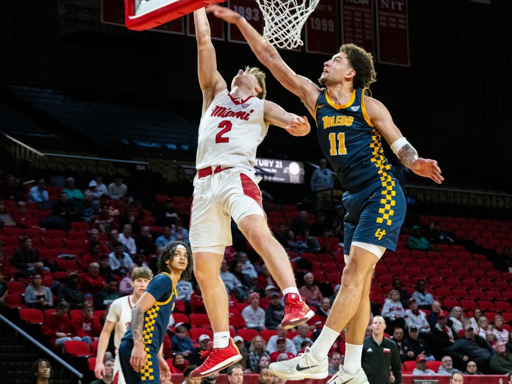 Sophomore guard Evan Ipsaro going for a layup against Toledo on Feb. 11 at Millett Hall