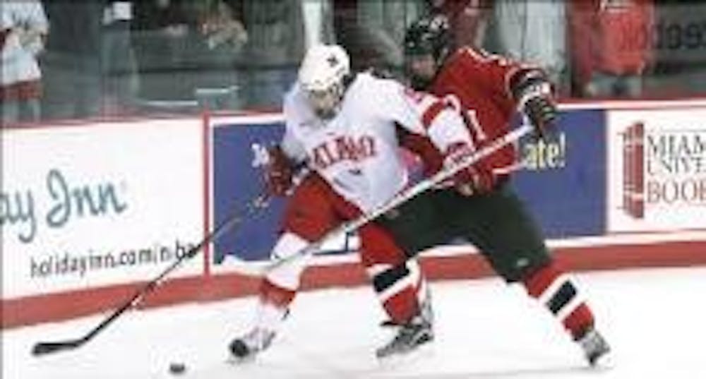 Sophomore forward Tommy Wingels and the RedHawks hope to skate past their holiday woes this weekend against MSU.