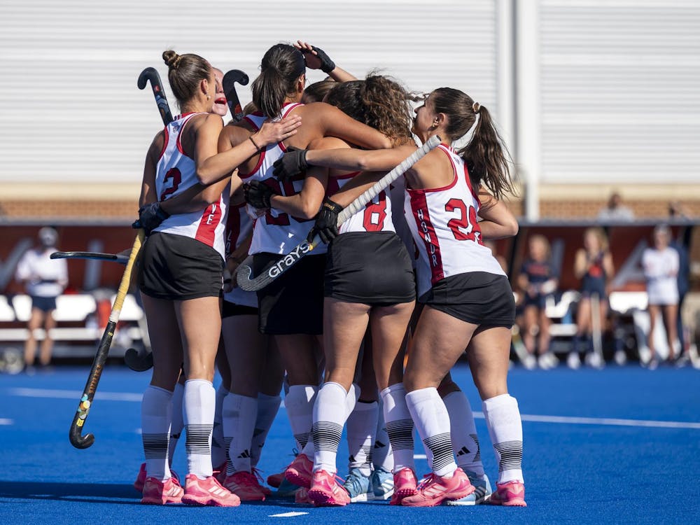 The Miami field hockey team celebrates after its win over Virginia in the Sweet Sixteen of the 2025 NCAA field hockey tournament